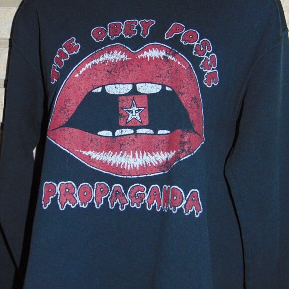 OBEY Posse Propaganda SWEATSHIRT Cut Raw Hem Neck Womens Gothic Grunge Top M/L - Picture 2 of 10